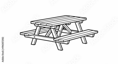 A black and white line drawing of a wooden picnic table and benches