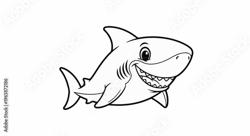 A happy, smiling cartoon shark with sharp teeth, black outline on white background