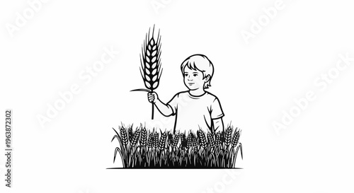 A child stands in a field of wheat, holding a stalk