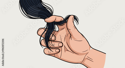 A human hand is grasping a lock of dark hair