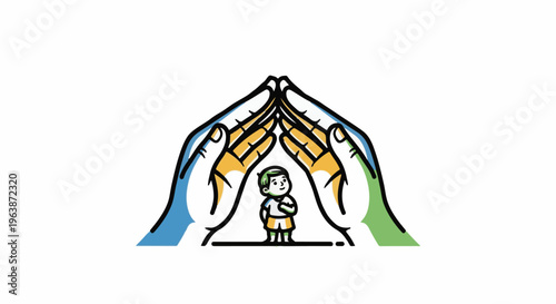 A child stands safely under two large, cupped hands forming a shelter
