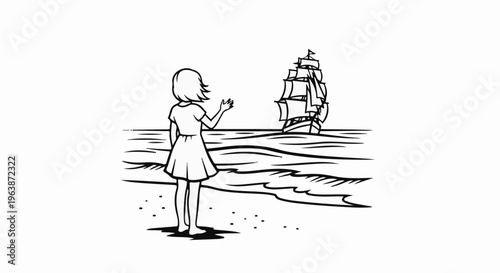A child waves goodbye to a sailing ship from a sandy shore