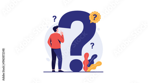 Confused man looking up at a giant dark blue question mark while pondering a decision or problem in a simple space.