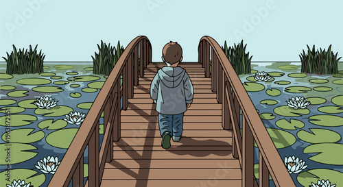 A child walks on a wooden bridge over a pond with water lilies