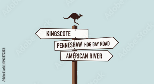 A kangaroo silhouette atop a directional signpost with three arms