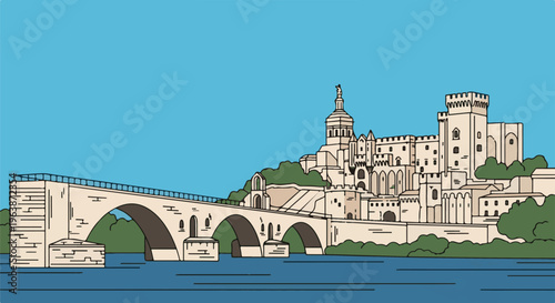 A picturesque historical French town with a large bridge arching over a blue river