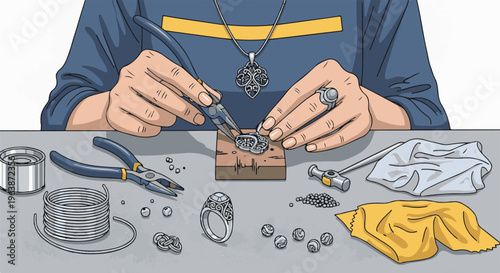 A jeweler meticulously crafts intricate metalwork, surrounded by tools and materials