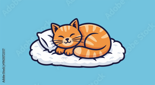 A cute orange tabby cat sleeps peacefully on a fluffy white pillow