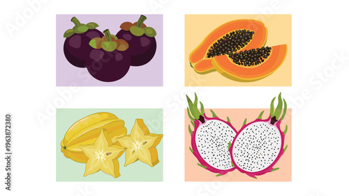 Collection of various tropical fruits including whole and sliced mangosteen, papaya, starfruit, and dragon fruit on colorful panels.