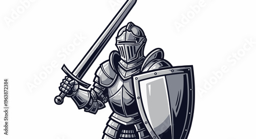 A knight in full armor with a sword and shield stands ready