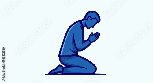 A simplified blue silhouette of a person kneeling with hands pressed together in prayer