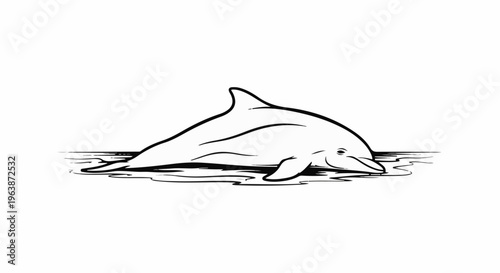 A simplified line drawing of a dolphin gracefully surfacing in calm water