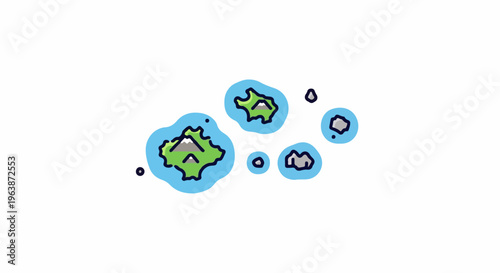 A simplistic illustration of green islands with mountains in blue water