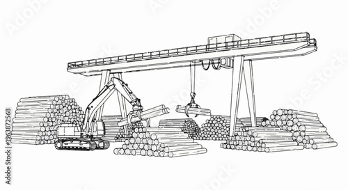A large gantry crane and excavator move logs in a lumber yard