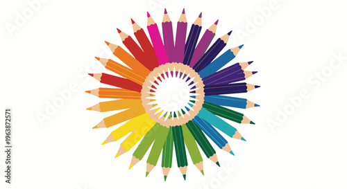 A circular arrangement of colorful pencils radiating outward