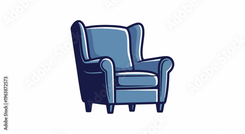 A single, blue wingback armchair with a white background and dark blue outlines