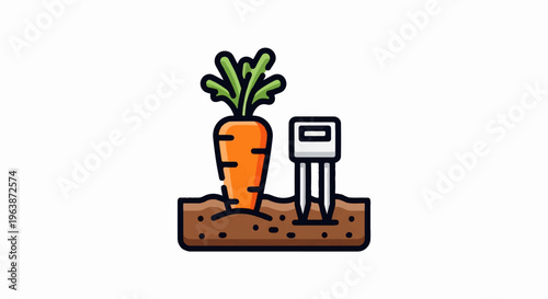 A single carrot stands tall in soil next to a soil moisture meter