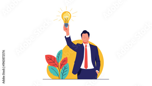 Successful businessman holding up a glowing lightbulb as a symbol of having a great idea or innovative solution.