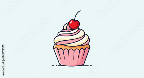 A single frosted cupcake with a cherry on top, on a plain background