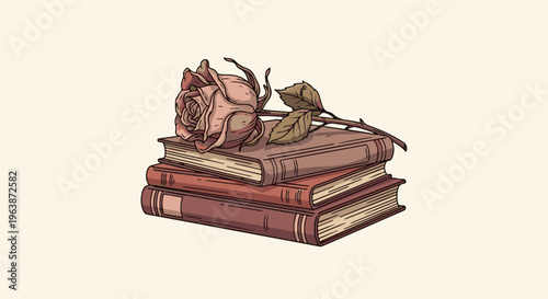 A single faded rose rests atop a stack of antique, bound books
