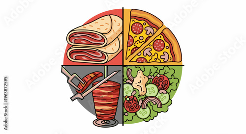 A circular graphic depicts four quadrants of popular foods