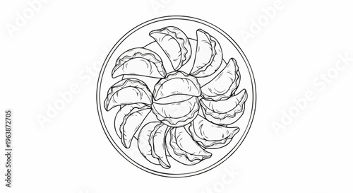 A circular plate filled with numerous crescent-shaped dumplings arranged artfully