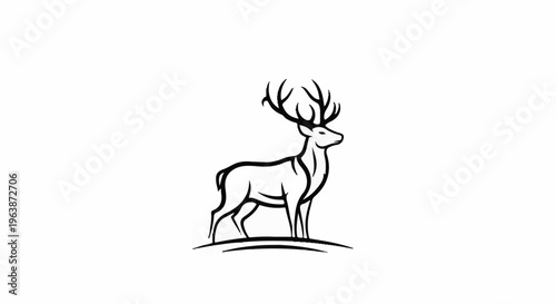 A stylized black outline of a stag with large antlers stands proudly on a curved line