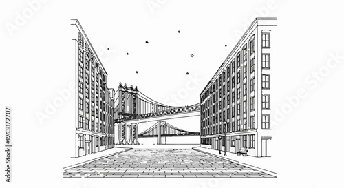 A sketch of a city street with tall buildings framing a bridge