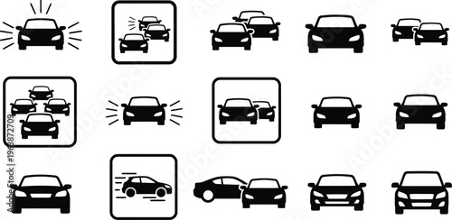 A series of car crash and accident icons in various configurations and angles