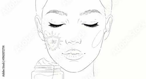 A sketch of a face with closed eyes, a shield, and cream