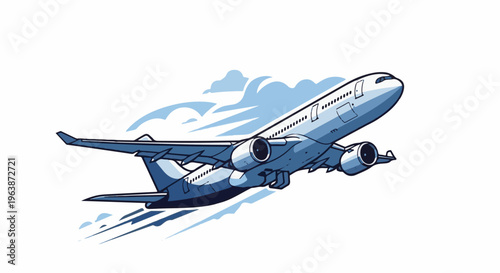 A stylized, blue and white passenger jet airplane ascends rapidly through clouds