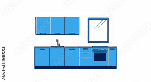 A stylized blue kitchen scene with cabinets, sink, and oven