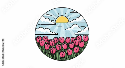 A circular scene depicts a vibrant field of pink tulips under a sunny sky with clouds