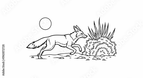 A line art drawing of a fox running by a bush under a circle