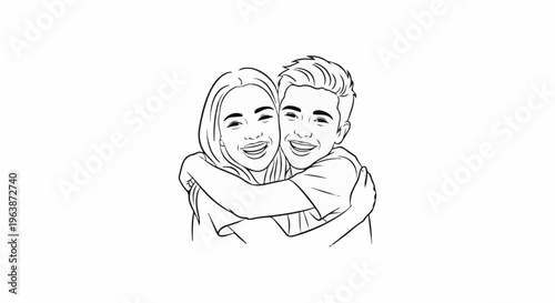 A line art drawing of a smiling boy and girl hugging each other