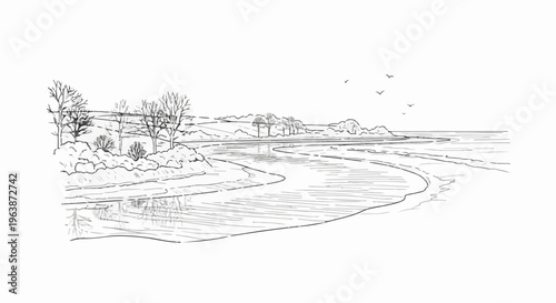 A sketch of a tranquil coastal scene with trees, water, and birds