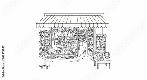 A sketch of a Venetian mask shop with a gondola and many masks