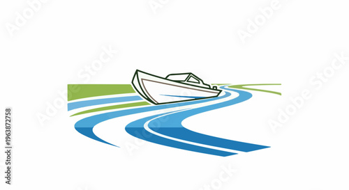 A stylized boat glides on a winding blue river with green banks