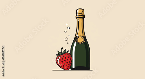A stylized bottle of bubbly wine stands next to a ripe strawberry