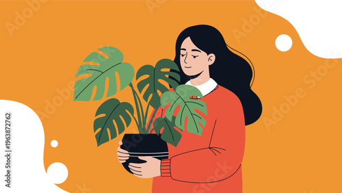 Young woman with long dark hair lovingly holding a potted monstera deliciosa houseplant against an orange background.