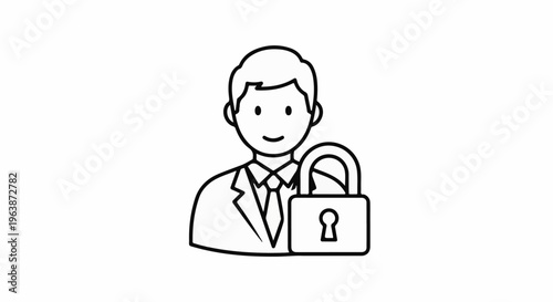 A line art illustration of a smiling person in business attire with a padlock