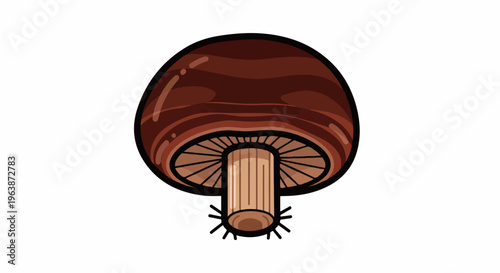 A stylized brown mushroom with visible gills and a textured cap against white
