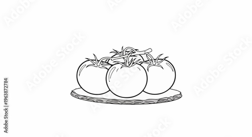 A sketch of three tomatoes on a vine, resting on a textured surface