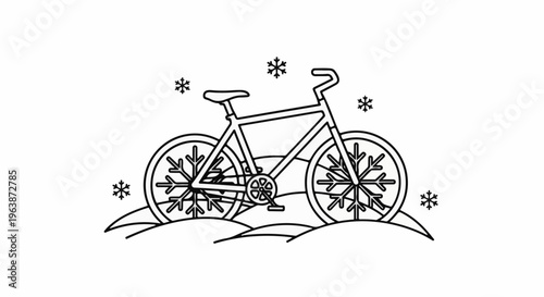 A line drawing of a bicycle in the snow with snowflakes falling