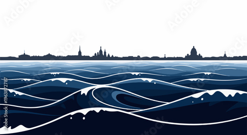 A city skyline silhouetted against a white sky above rolling blue ocean waves