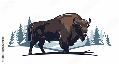 A stylized buffalo stands in a snowy winter forest landscape