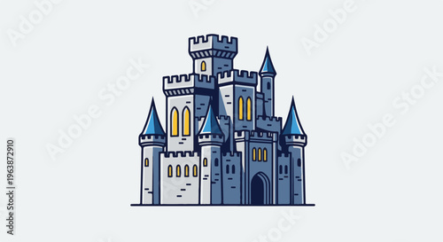 A stylized, cartoon-like illustration of a grey stone castle with blue conical roofs