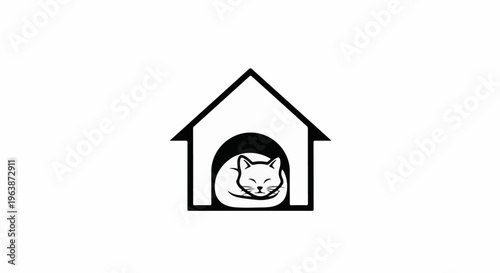 A sleeping cat rests comfortably inside a simple house outline
