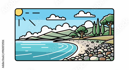 A stylized, sunny coastal landscape with rolling hills, trees, and a beach