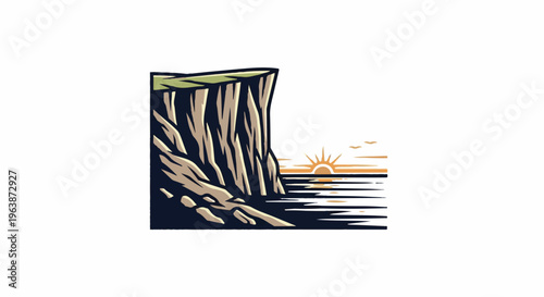 A stylized cliff face overlooks a serene seascape at sunrise